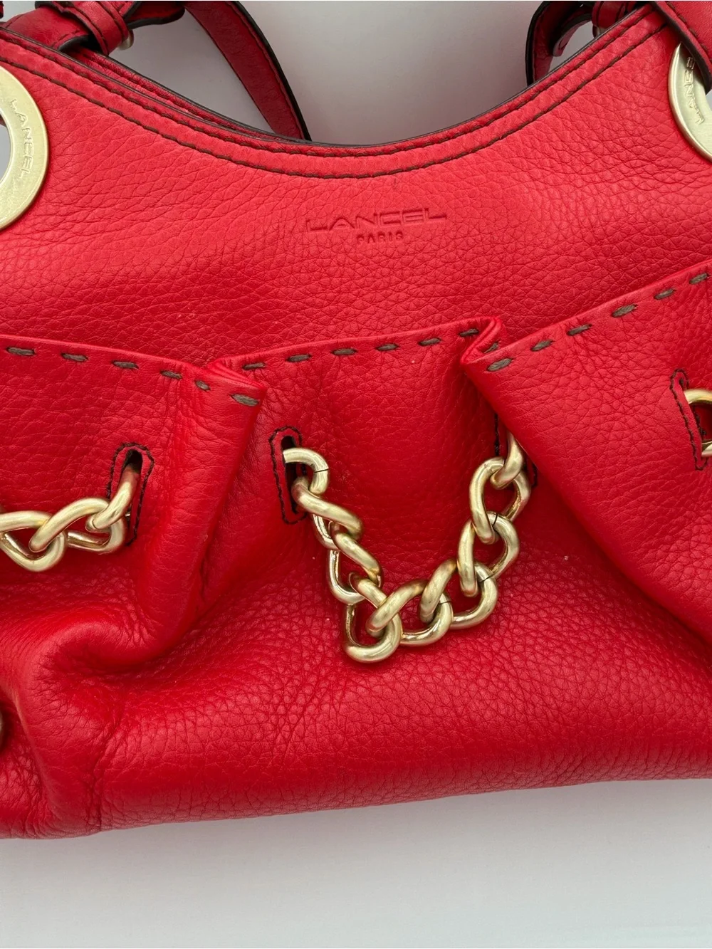 Lancel Paris Red Pebbled Leather Chain Bag Y2K Slouchy Shoulder Hobo - vintage